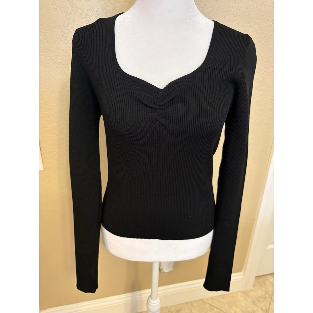 Active USA Winter Collection Long Sleeve Ribbed Knit Black Top, Large, Stretch